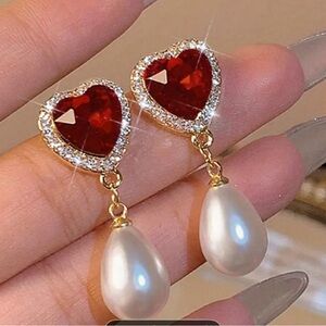 Elegant Red Heart and Pearl Drop Earrings